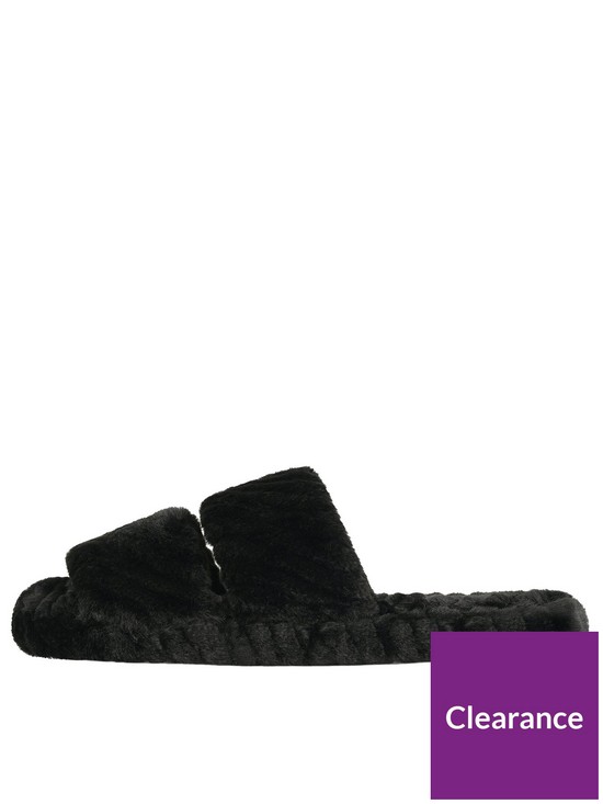 front image of loungeable-double-band-chevron-fluffy-mule-black