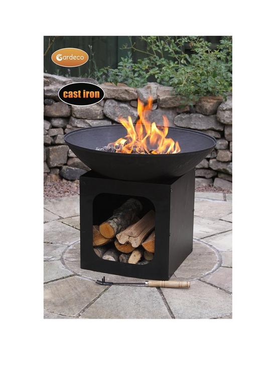 front image of gardeco-isla-large-cast-iron-fire-bowl-with-log-store
