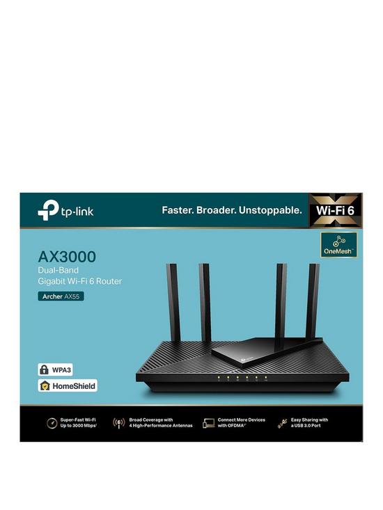 front image of tp-link-archer-ax55-ax3000-wi-fi-dual-band-gigabit-router-for-cable