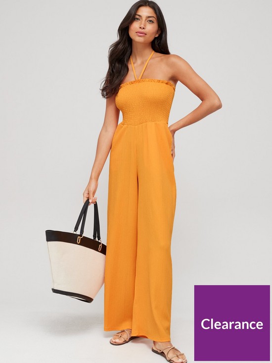 front image of v-by-very-crinkle-halter-neck-shirred-beach-jumpsuit-marigold
