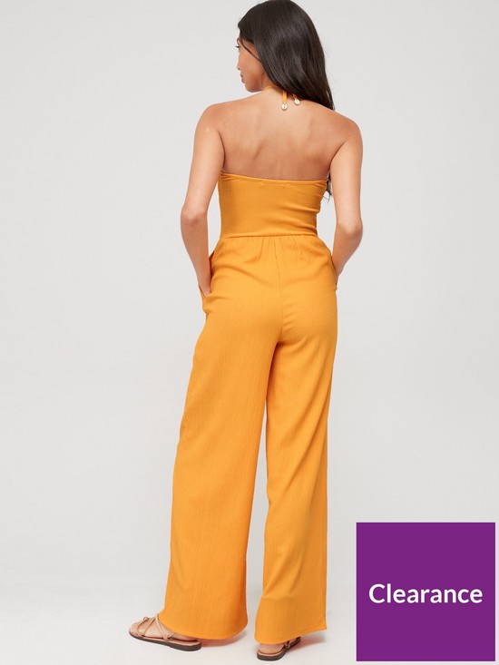 stillFront image of v-by-very-crinkle-halter-neck-shirred-beach-jumpsuit-marigold