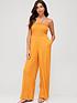  image of v-by-very-crinkle-halter-neck-shirred-beach-jumpsuit-marigold
