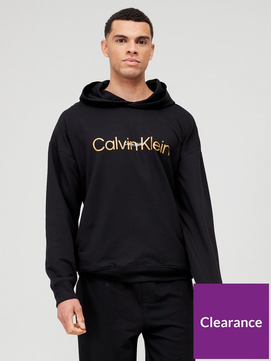 front image of calvin-klein-embroidered-icon-lounge-overhead-hoodie-black