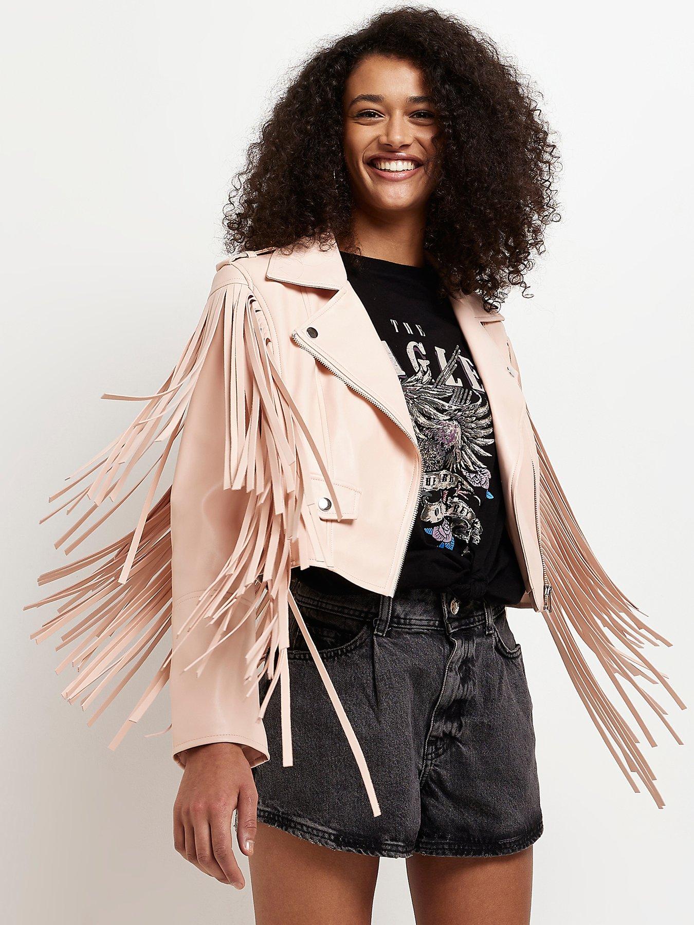 Fringe Crop Biker Jacket Pink