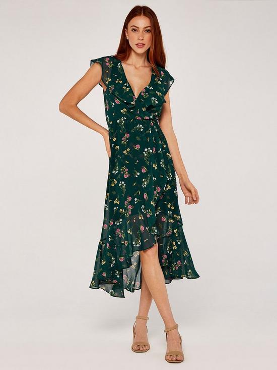 front image of apricot-botanical-ruffle-wrap-midi-dress