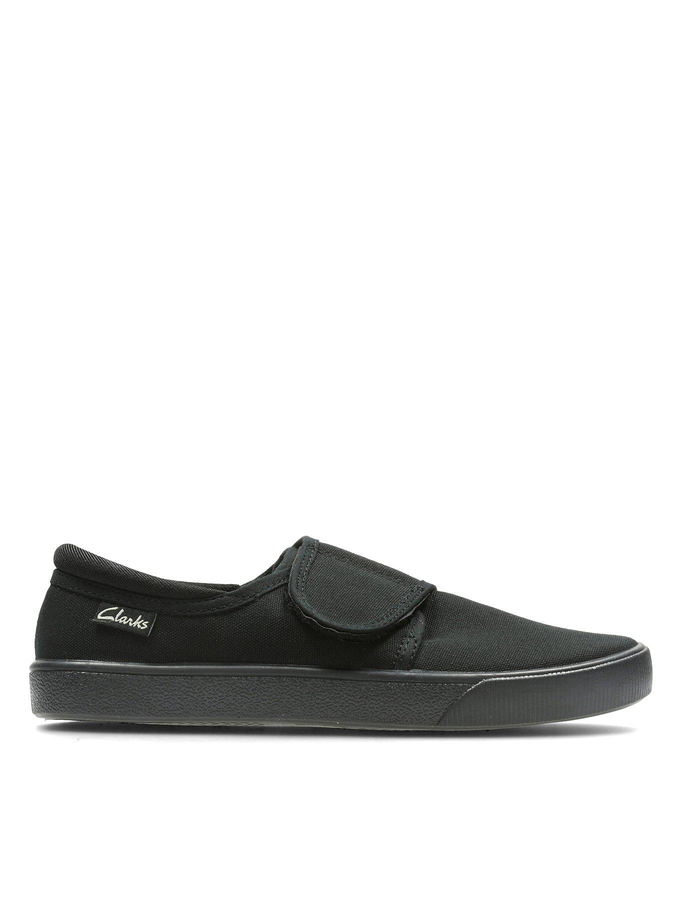 front image of clarks-kids-hopper-run-canvas-strap-plimsoll-black