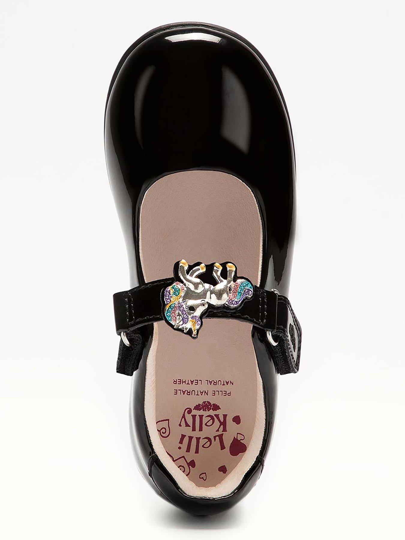  image of lelli-kelly-wide-fit-bella-unicorn-school-shoe-black-patent