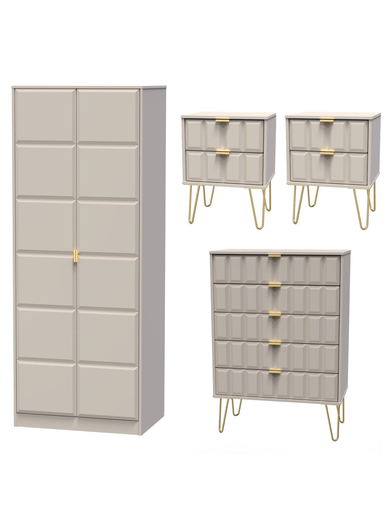 SWIFT Cube 4 Piece Ready Assembled Package - 2 Door Wardrobe, 5 Drawer Chest and 2 Bedside Chests - FSC® Certified