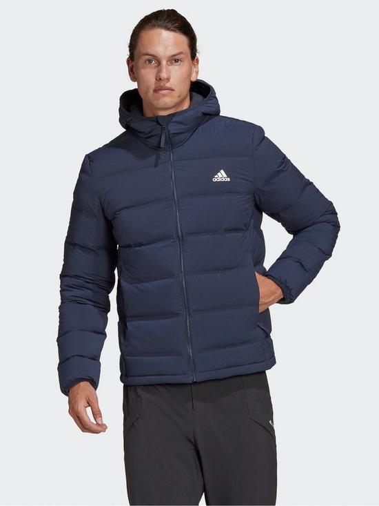 front image of adidas-helionic-stretch-hooded-down-jacket
