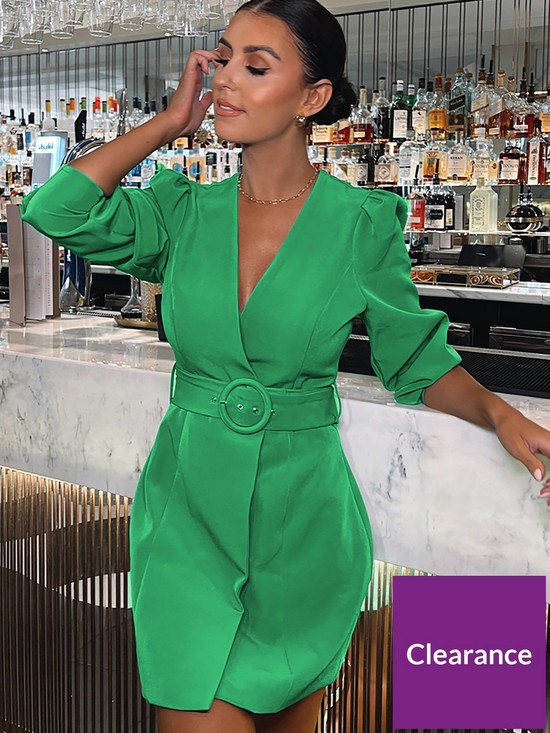 front image of in-the-style-terrie-mcevoy-green-puff-sleeve-collarless-blazer-dress-green