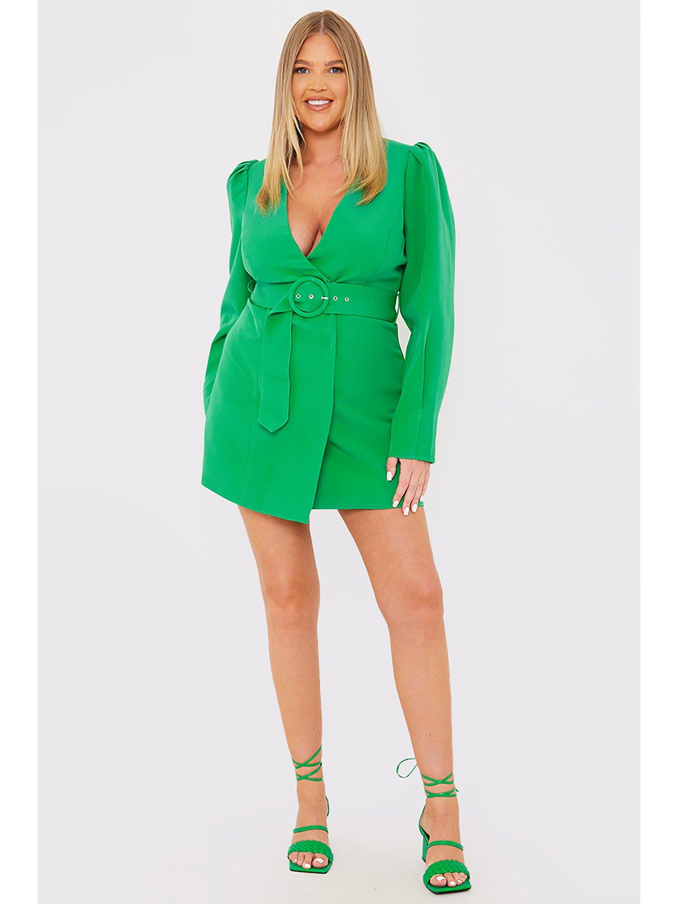  image of in-the-style-terrie-mcevoy-green-puff-sleeve-collarless-blazer-dress-green