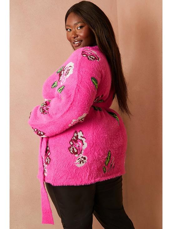 stillFront image of in-the-style-curve-lorna-luxe-pink-floral-jacquard-but-first-wrap-cardigan