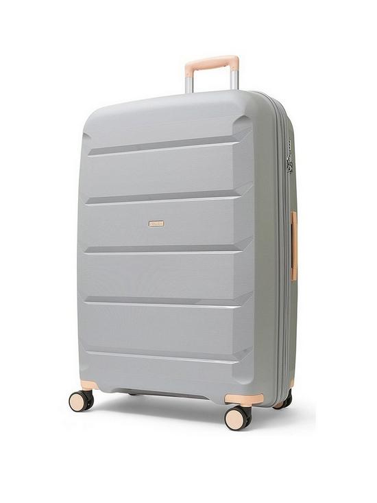 front image of rock-luggage-tulum-8-wheel-hardshell-large-suitcase-grey