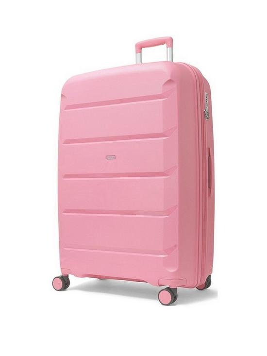 front image of rock-luggage-tulum-8-wheel-hardshell-large-suitcase-bubblegum-pink