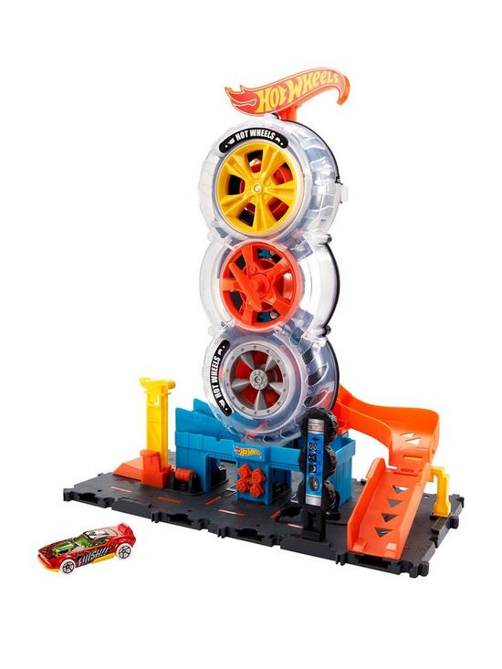 front image of hot-wheels-city-super-twist-tire-shop-playset-and-vehicle