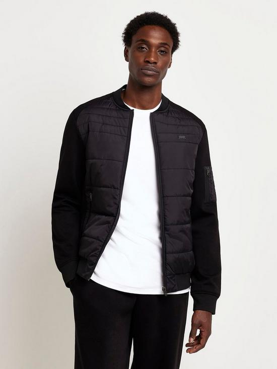 front image of river-island-quilted-hybrid-bomber-black