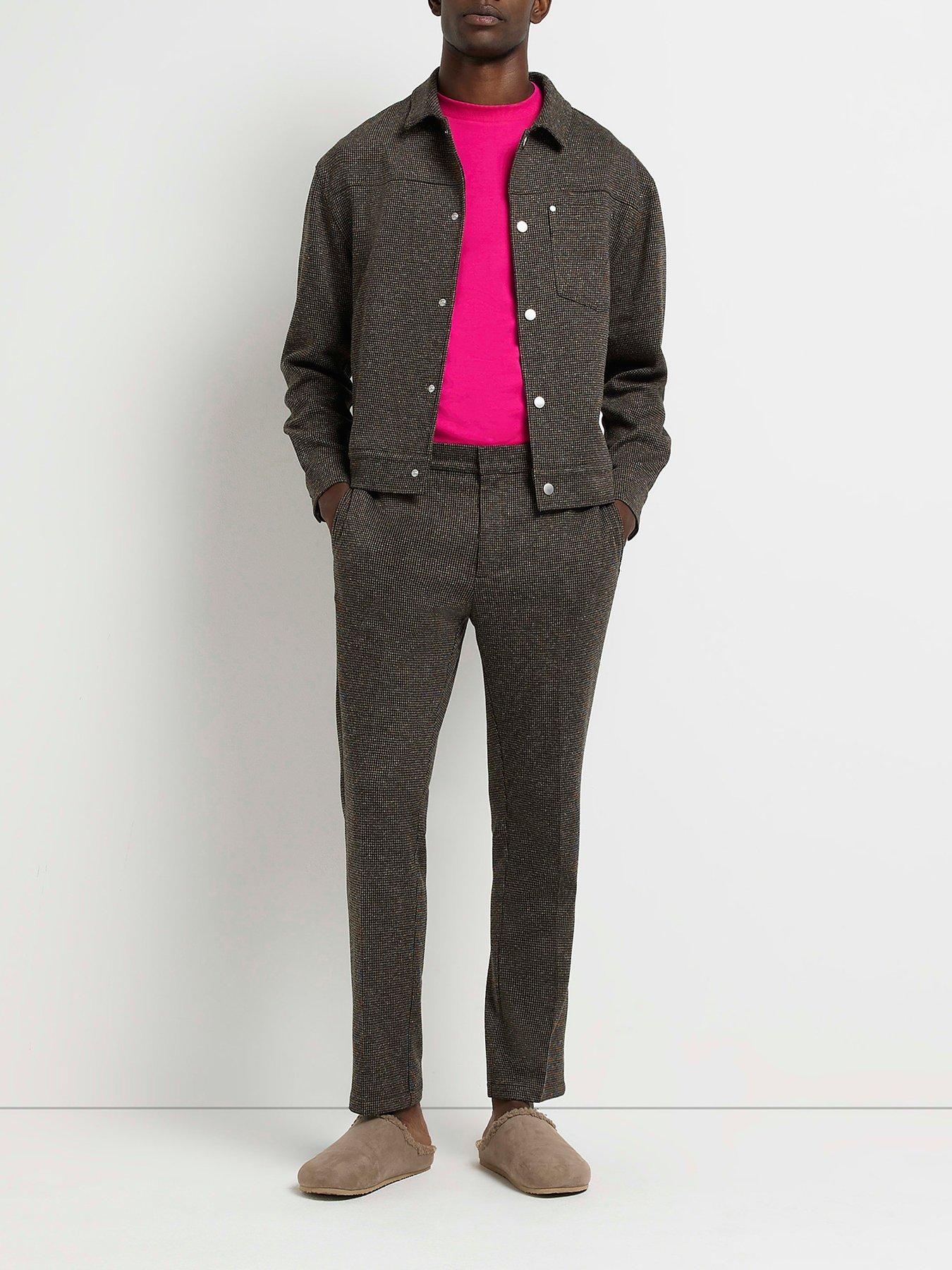 front image of river-island-heritage-check-slim-trousers-dark-brown