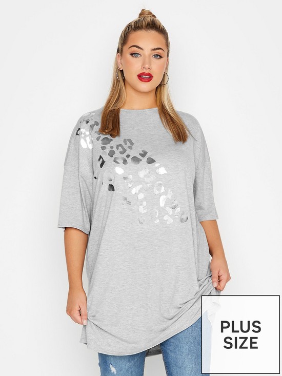 front image of yours-light-grey-marl-leopard-foil-oversize-tee-silver