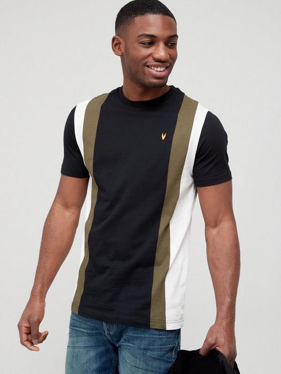 front image of very-man-vertical-cut-and-sew-t-shirt-khakiblack