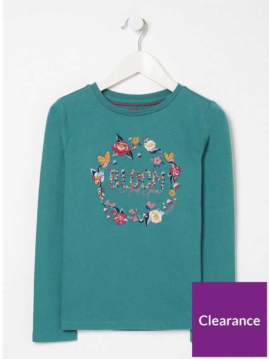 front image of fatface-girls-bloom-graphic-long-sleeve-tshirt-teal-green