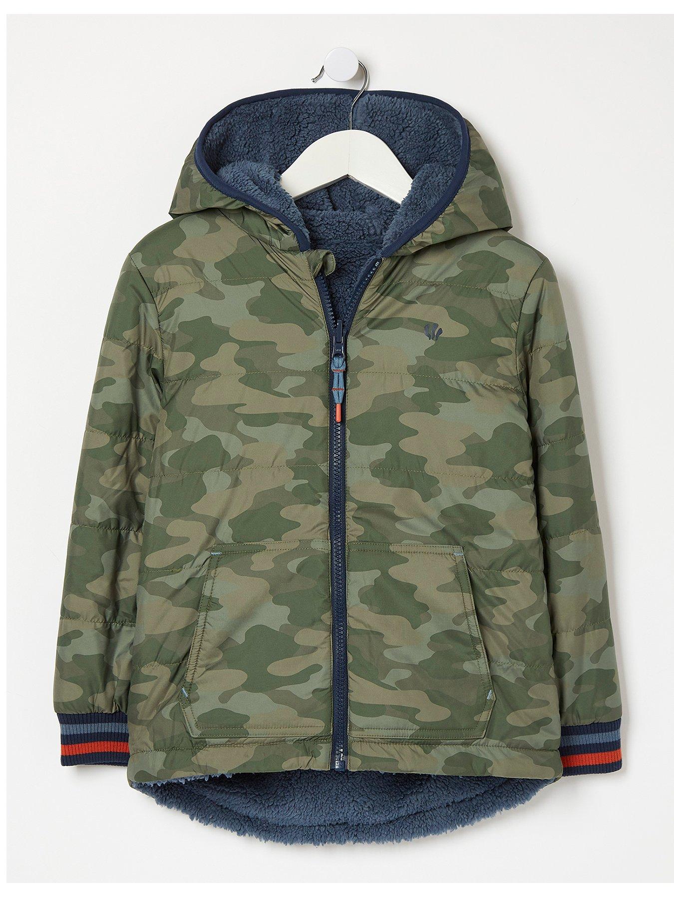FatFace Boys Camo Reversible Jacket Steel Blue