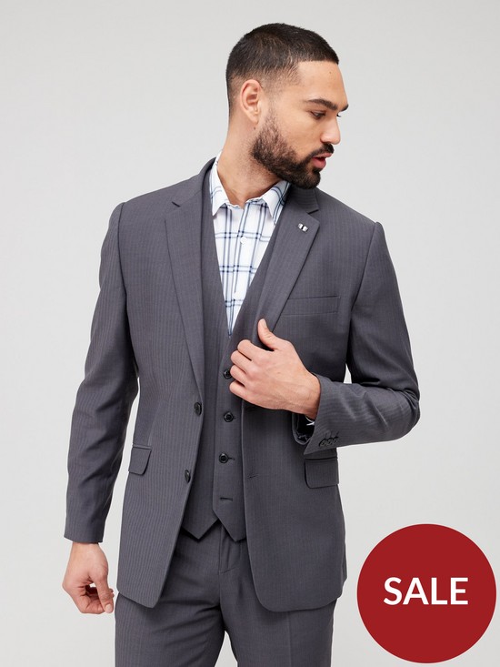 front image of very-man-slim-suit-jacket-grey-herringbone