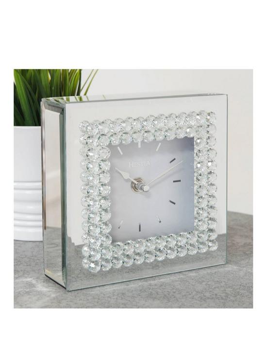 front image of hestia-mirror-glass-mantel-clock-with-crystal-border