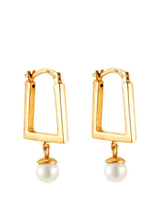 front image of seol-gold-18ct-gold-plated-sterling-silver-pearl-charm-square-creole-hoop-earrings