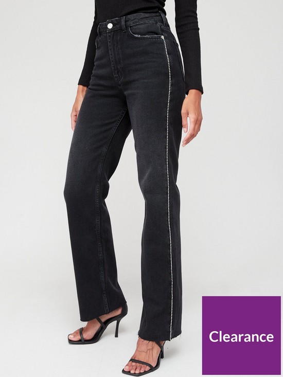 front image of v-by-very-embellished-side-detail-wide-leg-jean-washed-black