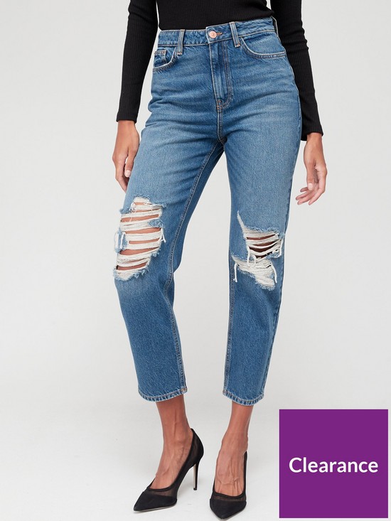 front image of v-by-very-high-waist-mom-jean-with-busted-knees-dark-wash
