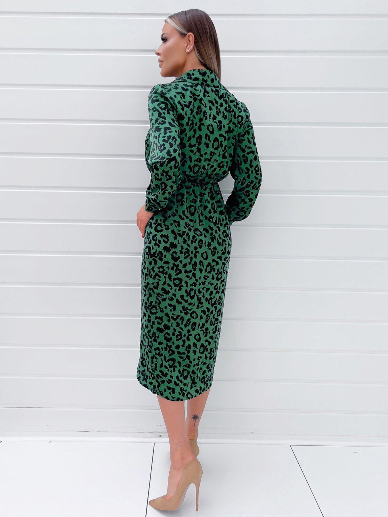 Green Leopard Print Long Sleeve Smock Midi Dress – AX Paris