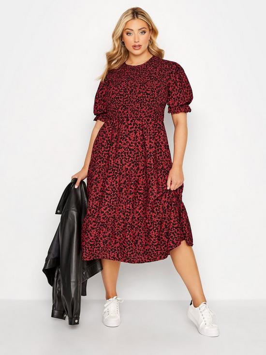 front image of yours-shirred-frill-sleeve-dress-red-black