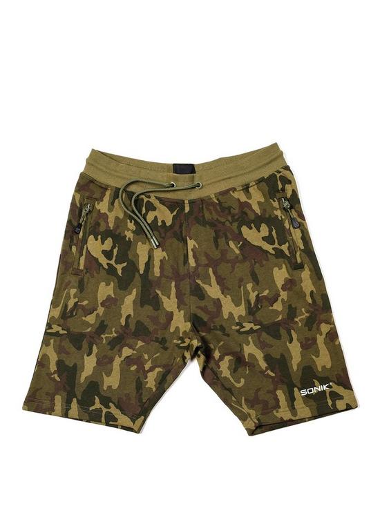 front image of sonik-camo-fleece-shorts