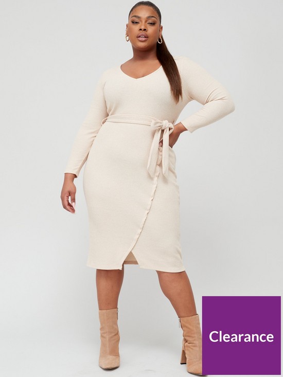 front image of v-by-very-curve-v-neck-jersey-rib-wrap-belted-midi-dress-natural