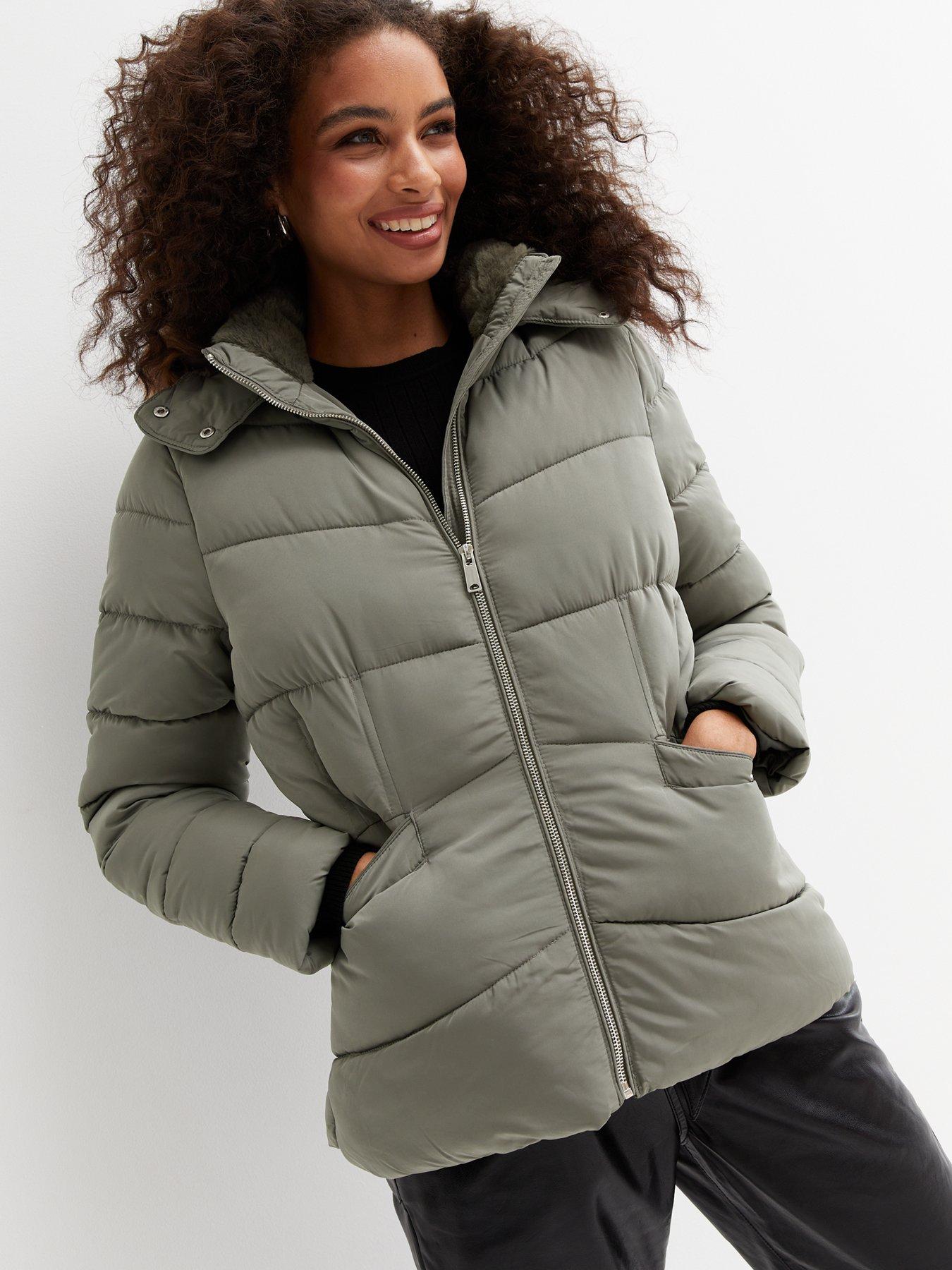 Olive faux fur on sale trim hooded puffer jacket