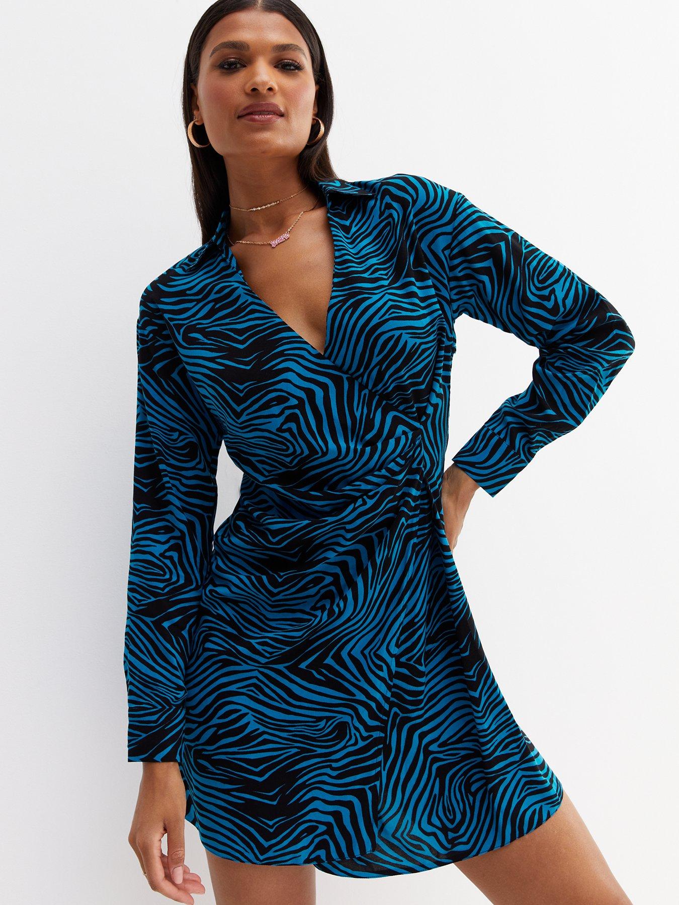 New Look Zebra Print Collared Mini Wrap Dress - Blue | littlewoods.com