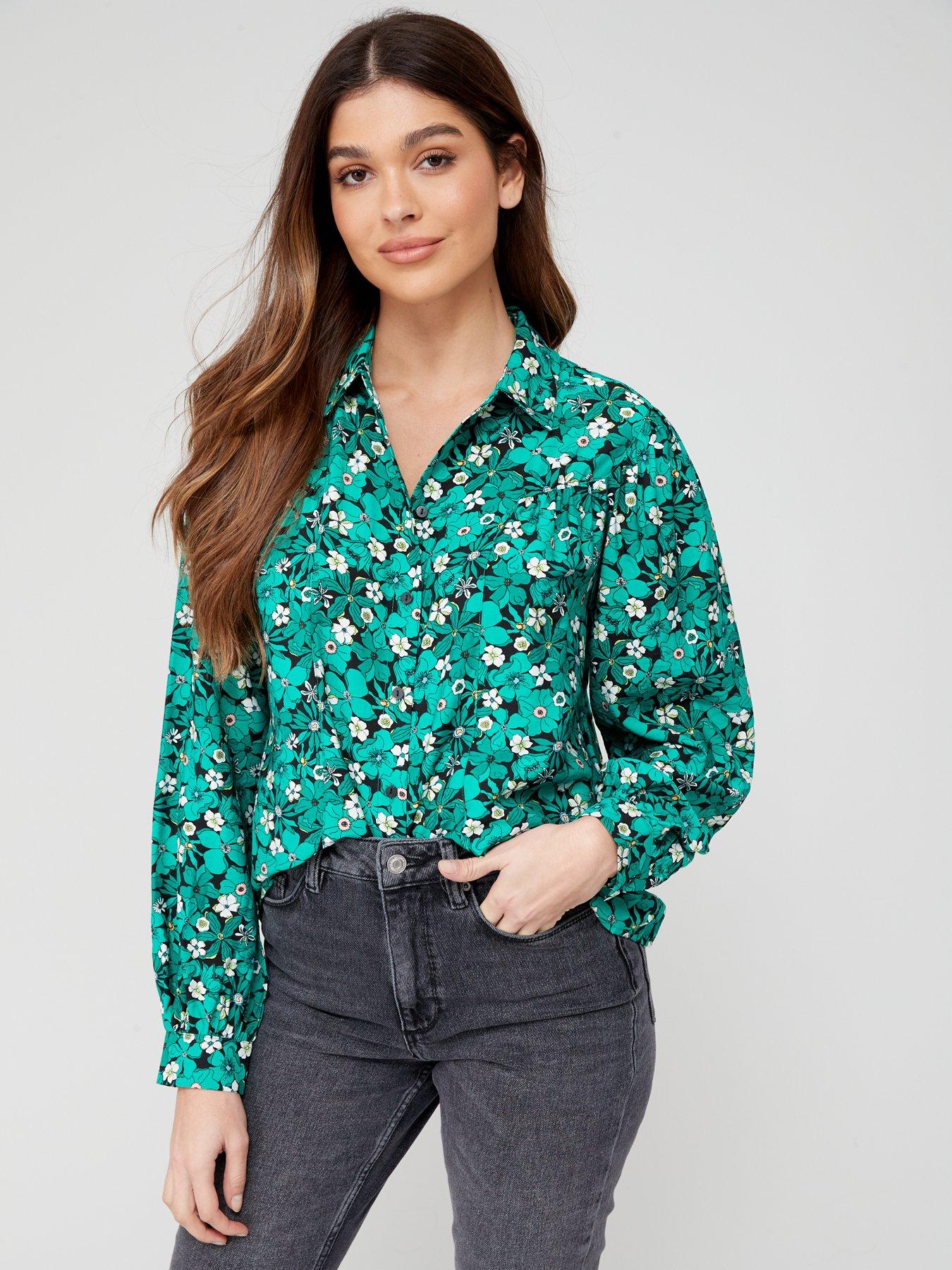 front image of only-printed-button-down-blouse-green