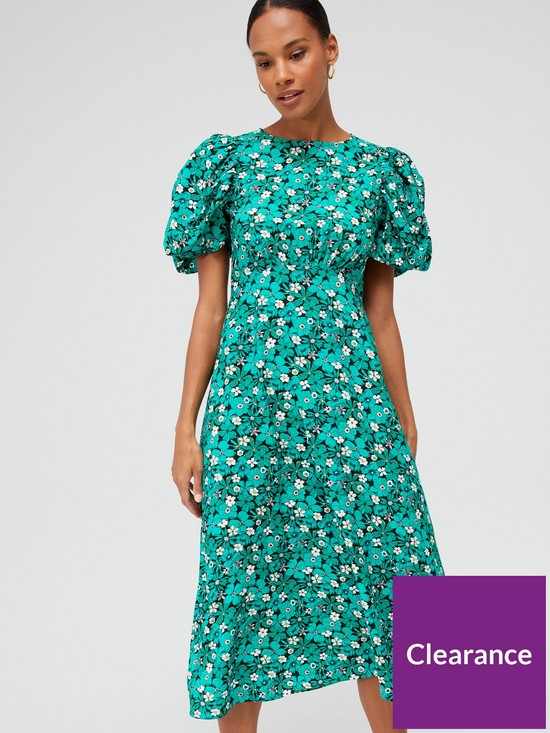 front image of only-printed-puff-sleeve-midi-dress-green
