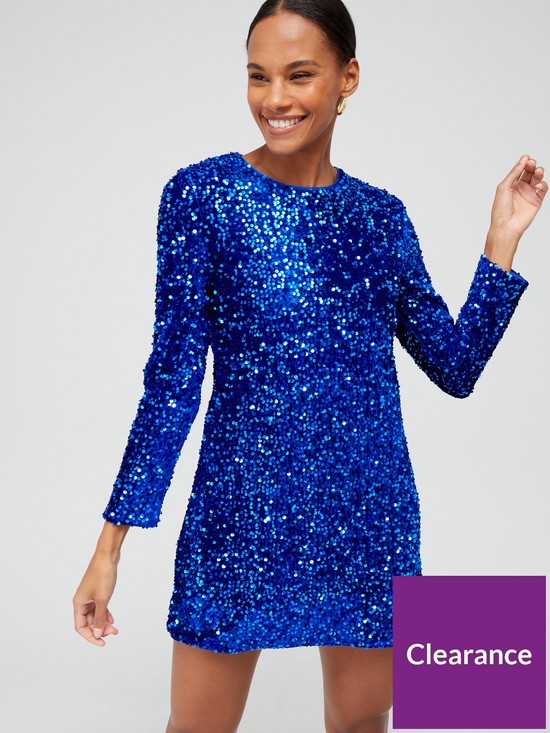 front image of only-anika-long-sleeve-sequin-dress-blue