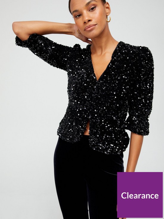 front image of only-anika-sequin-short-sleeve-button-top-black