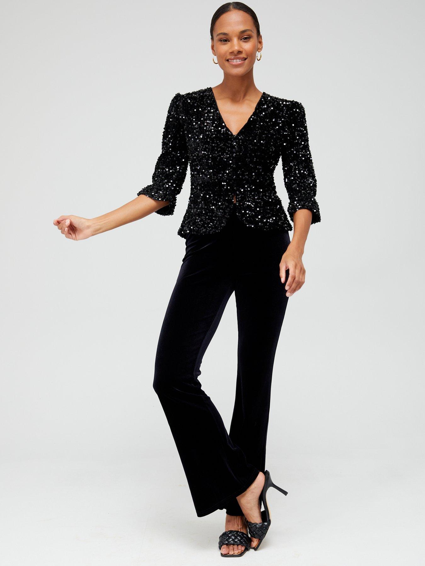  image of only-anika-sequin-short-sleeve-button-top-black