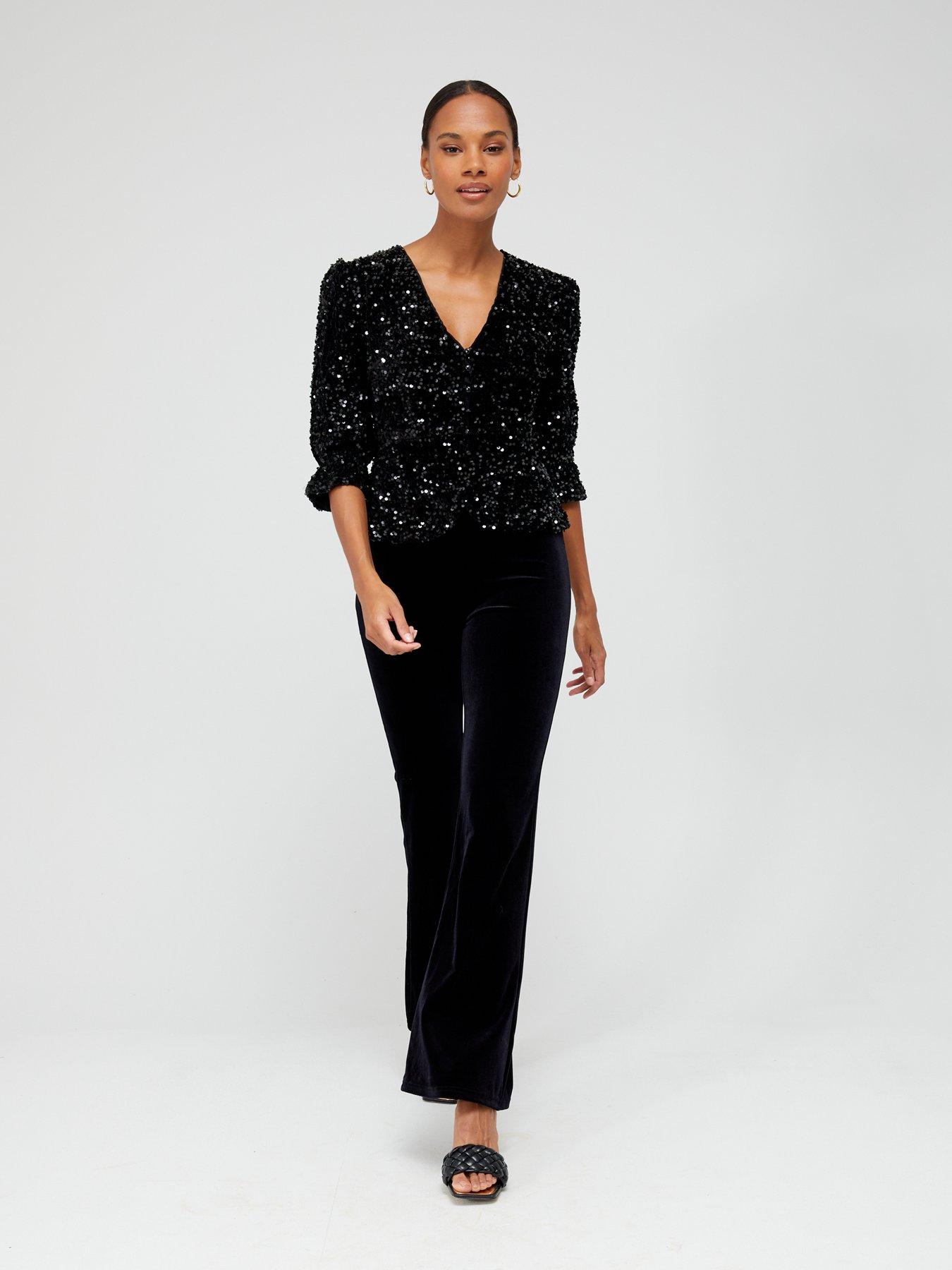  image of only-anika-sequin-short-sleeve-button-top-black