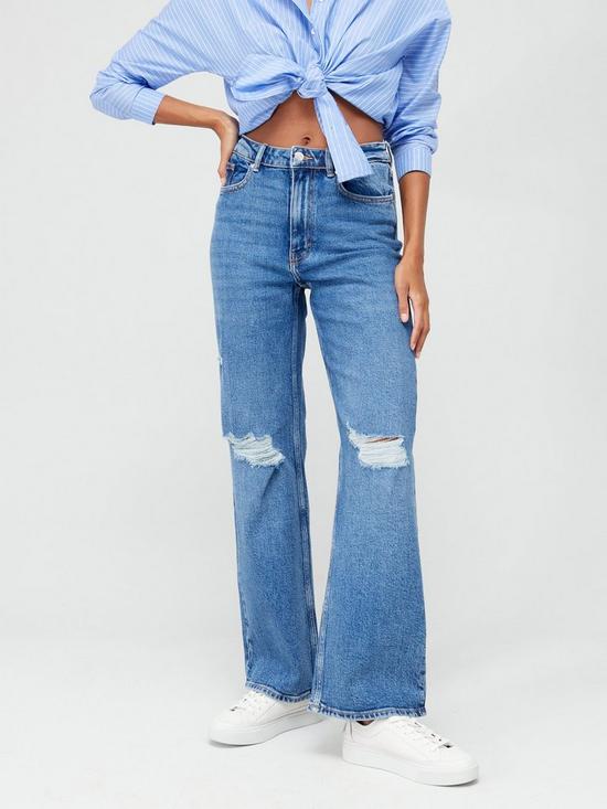 front image of only-high-waist-wide-leg-ripped-jean-blue