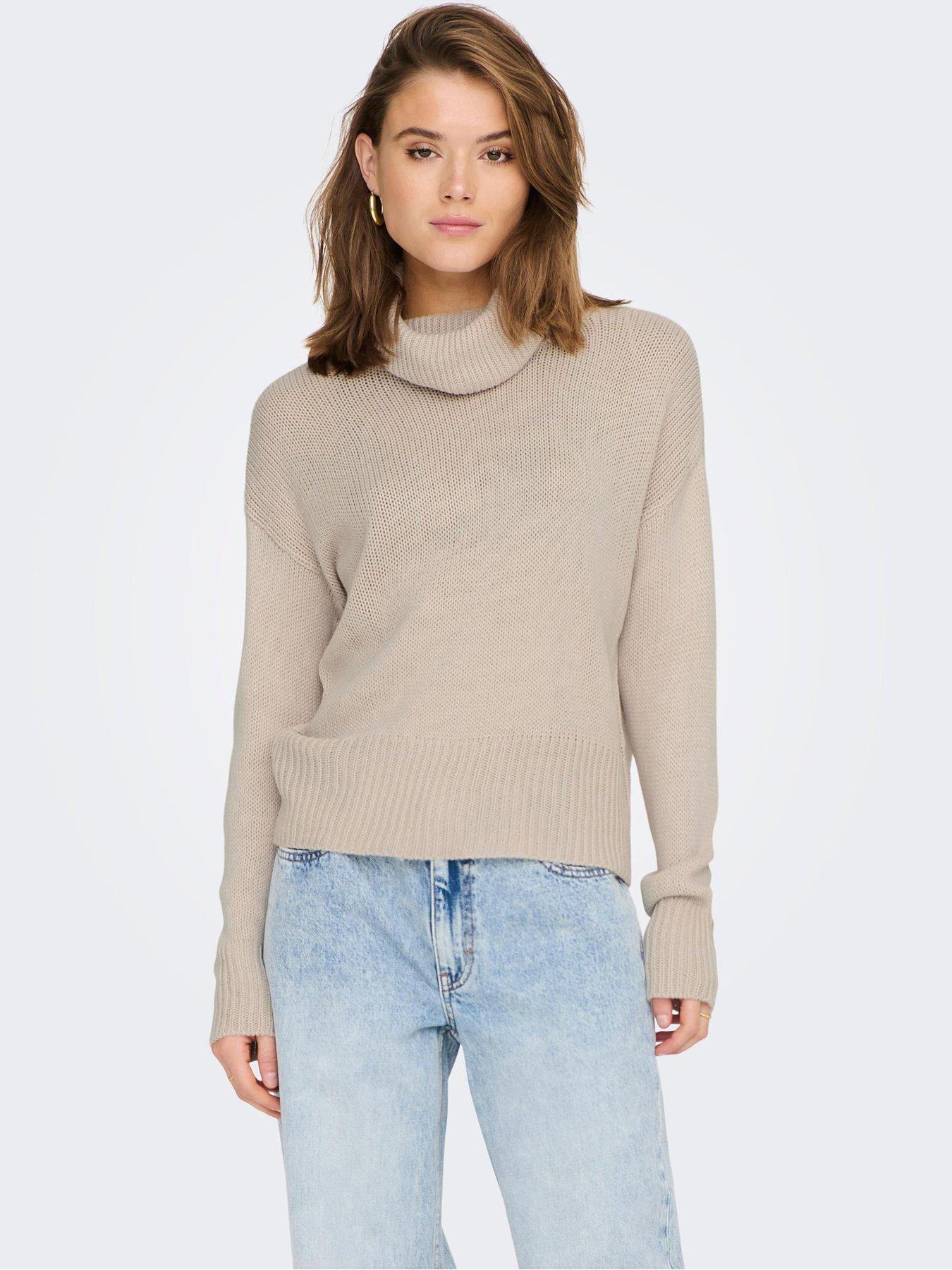 Beige cowl outlet neck jumper