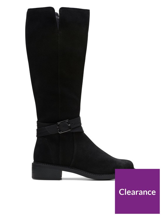 front image of clarks-maye-shine-suede-knee-high-boots-black