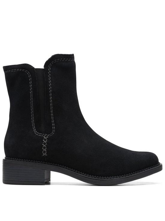 front image of clarks-maye-zip-suede-ankle-boots-black