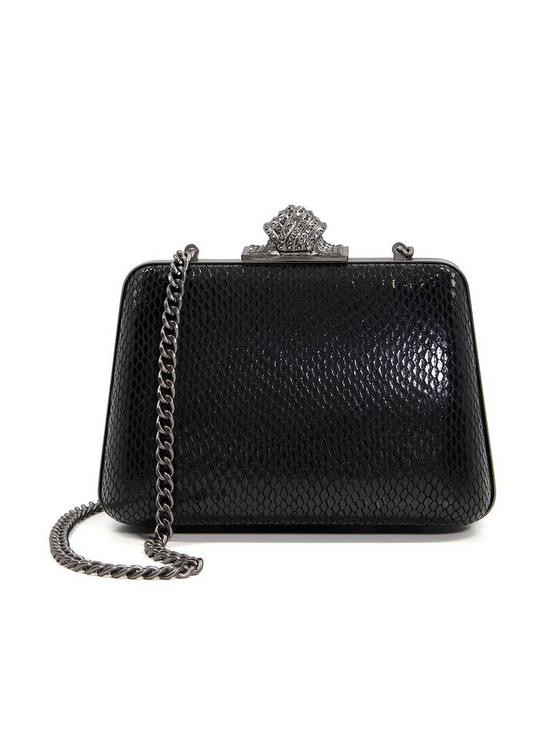front image of dune-london-become-diamante-knot-clasp-clutch-black