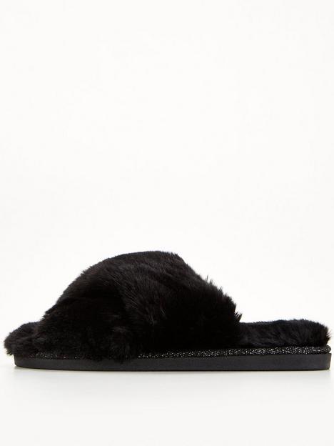 everyday-vitality-faux-fur-cross-strap-slider-slipper-black
