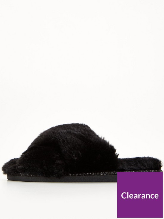 front image of everyday-vitality-faux-fur-cross-strap-slider-slipper-black
