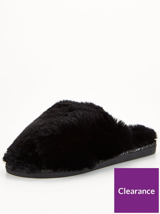 stillFront image of everyday-vitality-faux-fur-cross-strap-slider-slipper-black
